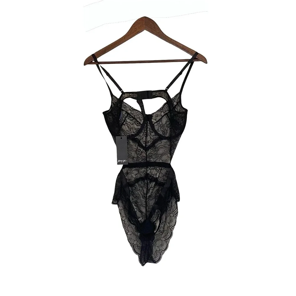 Nasty Gal Black Floral Lace Underwire Bodysuit Cutout Lingerie New Large - Picture 2 of 9